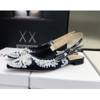 Charming Dior J'Adior Slingback Ballerina Flat in Deep Blue and White Cornely-Effect Embroidery 021908