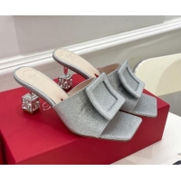 Best Price Roger Vivier Glitter Cube Crystal Medium Heel Slide Sandals 7cm Silver 030751
