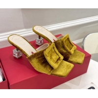 Top Quality Roger Vivier Velvet Cube Crystal Medium Heel Slide Sandals 7cm Gold 030754