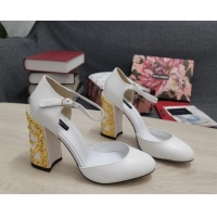 Top Quality Dolce & Gabbana Calf Leather High Heel Pumps 10.5cm with Metal Charm White 030553