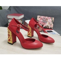 Duplicate Dolce & Gabbana Calf Leather High Heel Pumps 10.5cm with Metal Charm Red 030555