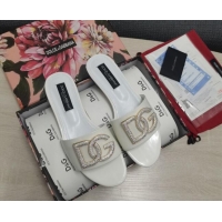 Good Quality Dolce & Gabbana Patent Leather Crystal DG Flat Slide Sandals White 030566