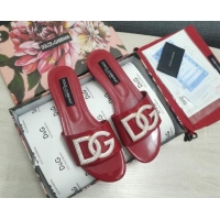 Top Design Dolce & Gabbana Patent Leather Crystal DG Flat Slide Sandals Burgundy 030568