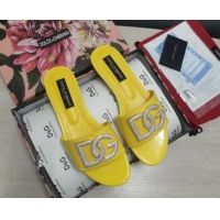 Best Price Dolce & Gabbana Patent Leather Crystal DG Flat Slide Sandals Yellow 030564