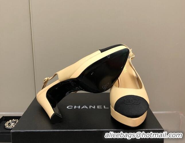 Popular Style Chanel Lambskin Platform Slingback Pumps 9cm Beige 041273