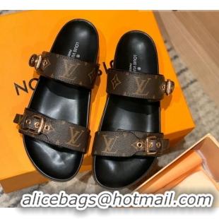 Purchase Louis Vuitton Bom Dia Monogram Canvas Flat Slide Sandals Brown/Black/Gold 032577