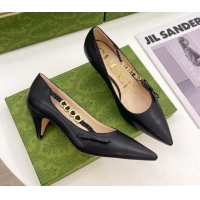 Popular Style Gucci Leather Pumps 5.5cm with 'GUCCI' Bow Black 032853