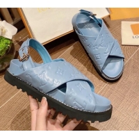 Duplicate Louis Vuitton Paseo Flat Comfort Crossover Monogram Leather Sandals Blue 032353