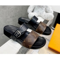 Perfect Louis Vuitton Bom Dia Monogram Canvas and Leather Flat Slide Sandals Brown/Black 032588