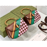 Good Quality Gucci Small top handle bag with Bamboo 675797 Pink plaid green and yellow print