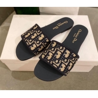 1:1 aaaaa Dior Dway Flat Slide Sandals in Oblique Embroidered Canvas Black 042232