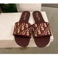 Discount Dior Dway Flat Slide Sandals in Oblique Embroidered Canvas Burgundy 042233