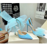 Grade Quality Jimmy Choo Suede High Heel Pumps 10cm with Large Mesh Bow Sky Blue 032303