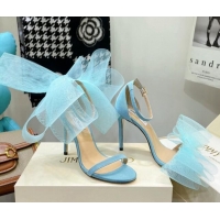 Best Grade Jimmy Choo Suede High Heel Sandals 10cm with Large Mesh Bow Sky Blue 032306