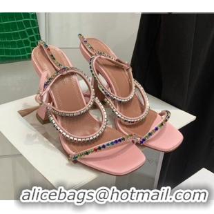  Top Grade Amina Muaddi Silk Colored Crystal Strap High Heel Sandals 9.5cm Pink 032418