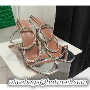 Luxury Amina Muaddi Silk Colored Crystal Strap High Heel Sandals 9.5cm Silver 032420