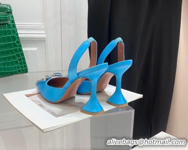 Fashion Amina Muaddi Silk High Heel Open Pumps 9.5cm Sky Blue 032444