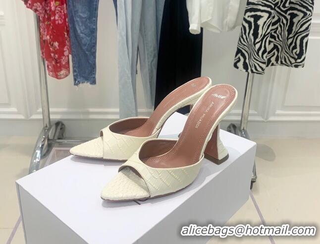 Luxurious Amina Muaddi Embossed Leather High Heel Slide Sandals 9.5cm White 0406108