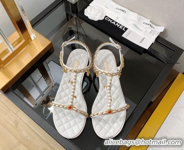 Classic Hot Chanel Lambskin & Jewelry Flat Sandals G38916 White