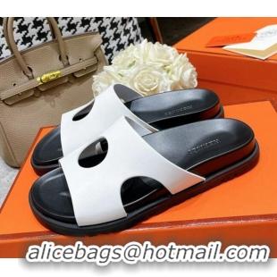 Stylish Hermes Edith Leather Flat Slide Sandals White 0422121