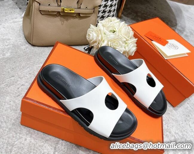 Stylish Hermes Edith Leather Flat Slide Sandals White 0422121