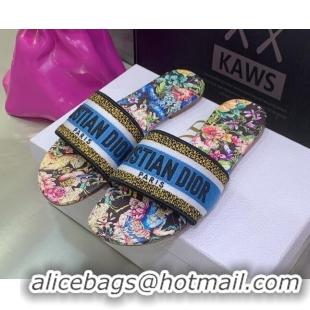 Duplicate Dior Dway Flat Slide Sandals in Embroidered Cotton Flora Print/Blue 052077
