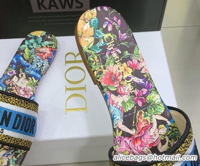 Duplicate Dior Dway Flat Slide Sandals in Embroidered Cotton Flora Print/Blue 052077