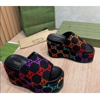 Good Looking Gucci GG Jacquard Wedge Platform Slide Sandals 12cm Black/Multicolor 041318