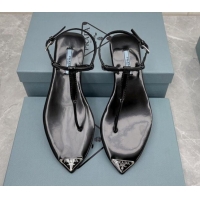 Durable Prada Patent Leather Flat Thong Sandals Black 042731