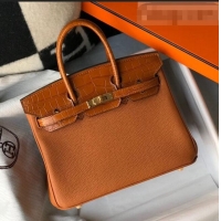 Top Quality Hermes Touch Birkin Bag 25cm in Crocodile Embossed Leather and Togo Calfskin H25 Brown/Gold