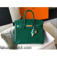 Top Grade Hermes Birkin 25cm Bag in Crocodile Embossed Calf Leather Emerald H25 Green/Gold