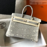 Well Crafted Hermes Birkin 25cm Bag in Lizard Embossed Calf Leather H25 Grey/White/Silver