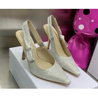 Top Grade Dior J'Adior Slingback Pumps 9.5cm in Grey Cotton Embroidered with Crystal 052081