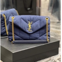 Famous Brand SAINT LAURENT PUFFER SMALL CHAIN BAG IN DENIM AND SMOOTH LEATHER 577476 dark blue