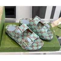 Discount Gucci GG Canvas Buckle Flat Slide Sandals Green/Blue 052323