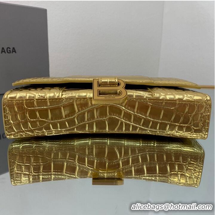 Luxurious Balenciaga HOURGLASS Wallet With Chain Crocodile Embossed 656050 Gold