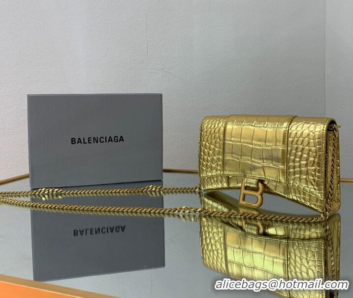 Luxurious Balenciaga HOURGLASS Wallet With Chain Crocodile Embossed 656050 Gold