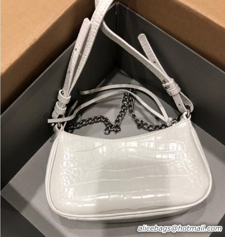 Shop Fashion Balenciaga LE CAGOLE MINI PURSE WITH CHAIN CROCODILE EMBOSSED 9016 white