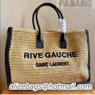 Well Crafted Saint Laurent Rive Gauche Large Tote Bag in Raffia Straw 509415 Beige/Black 2022