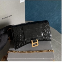 Well Crafted Balenciaga HOURGLASS Wallet With Chain Crocodile Embossed 656050 Black
