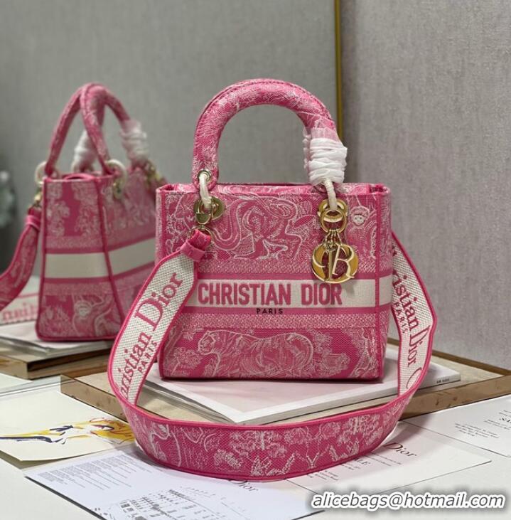 Good Product MEDIUM LADY D-LITE BAG Fluorescent Pink Toile de Jouy Reverse Embroidery M0565OROC