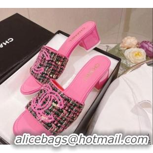 Most Popular Chanel Tweed Medium Heel Slide Sandals 4.5cm Pink 51956