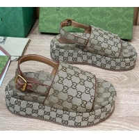 Fashion Gucci GG Canvas Platform Sandals 5.5cm with Buckle Back Strap Beige 062209