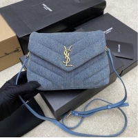 Famous Brand SAINT LAURENT PUFFER SMALL CHAIN BAG IN DENIM AND SMOOTH LEATHER 392255 BLUE