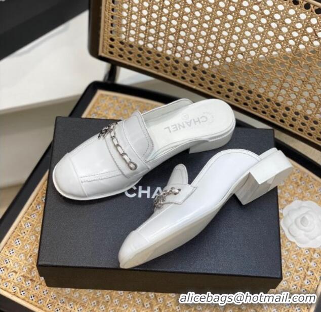 Top Design Chanel Lambskin Chain Flat Mules White 0620120