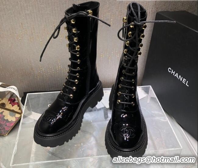 Popular Style Chanel Patent Leather Lace-up Boots Back Black 080885