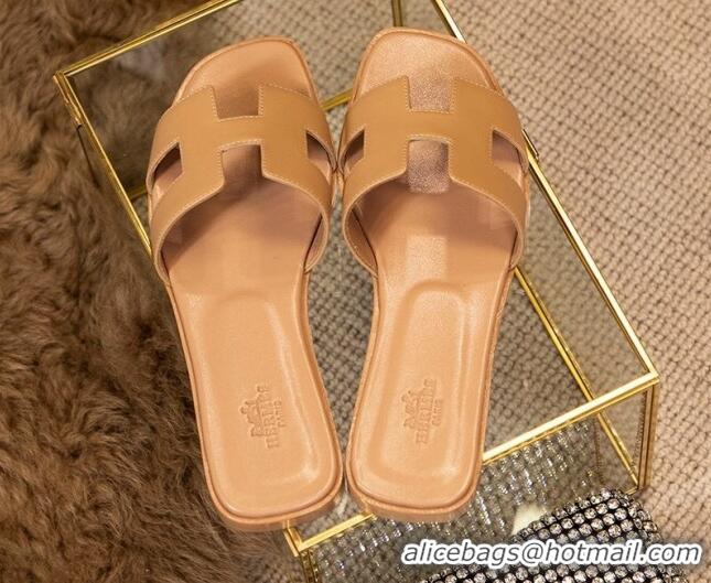 Top Grade Hermes Oran Classic Smooth Calfskin Flat Slide Sandals Apricot 0527141
