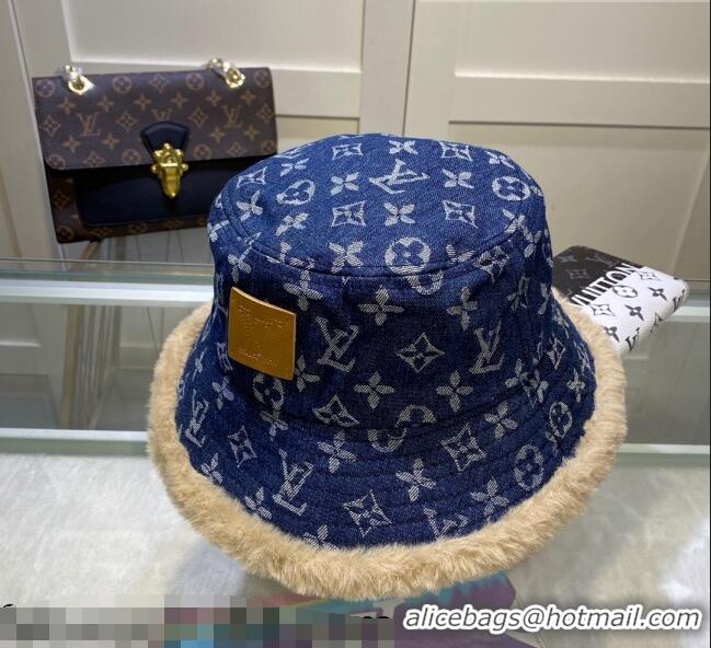 Shop Discount Louis Vuitton Monogram Denim and Shearling Bucket Hat LV2937 Blue 2021