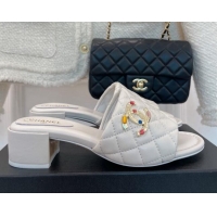 Luxury Chanel Stone CC Lambskin Heel Slide Sandals 5cm White 070116
