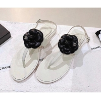 Stylish Chanel Leather Flat Sandals with Camellia White 071882